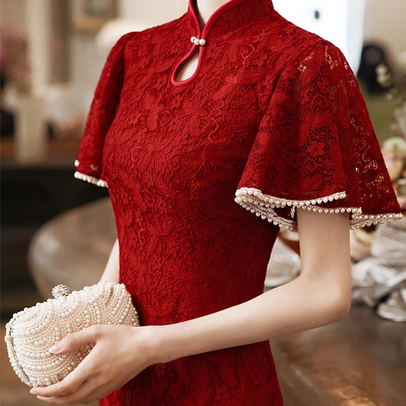 

Red Wedding Dr New Chinese Sle ort Sve Zipper Ba Pearl Embellied mid Waist Fitting Evening Gown