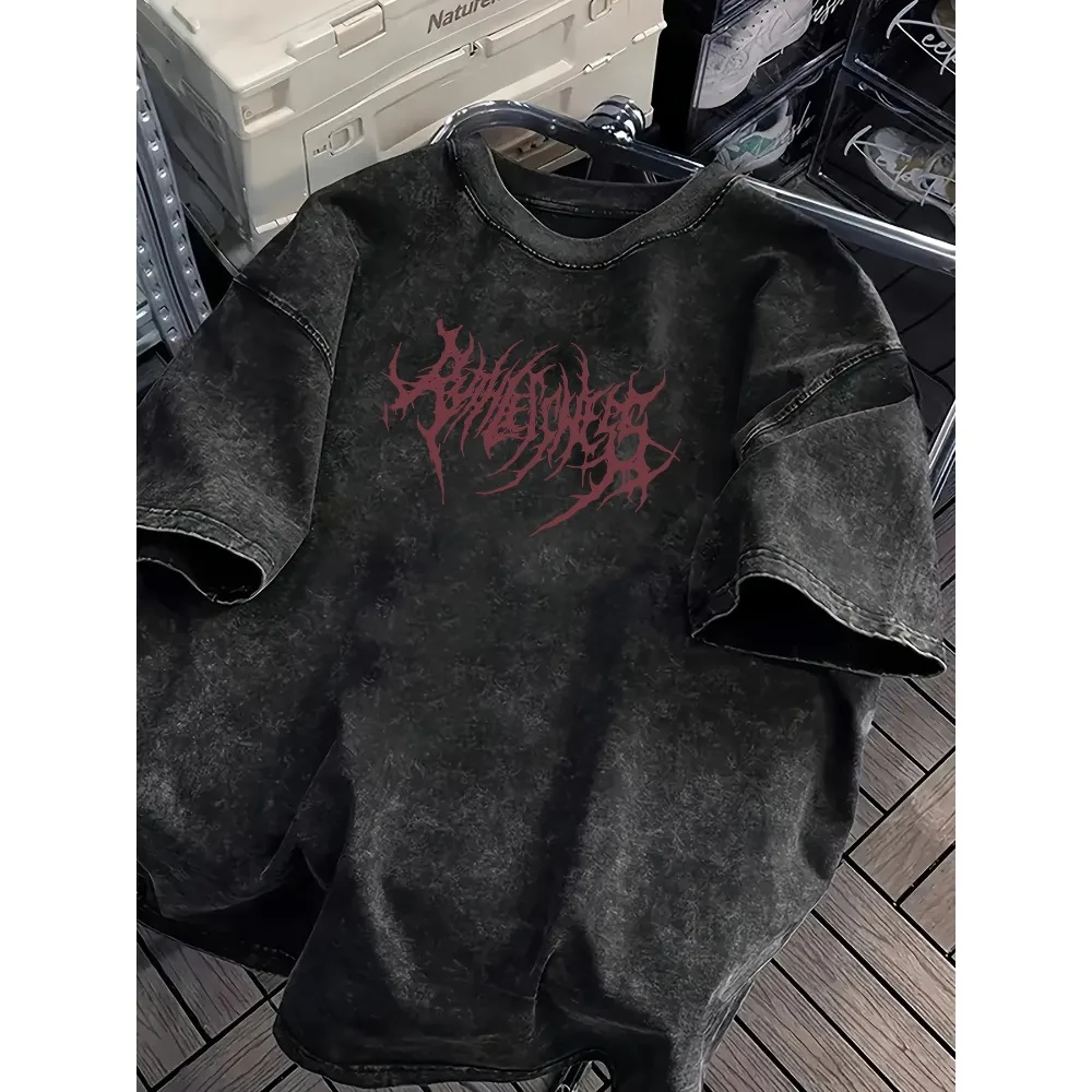 Vintage Acid Wash Powerfulness Gothic Metal Font Graphic T-Shirt Oversized Streetwear Casual Cotton Tops for Men Women