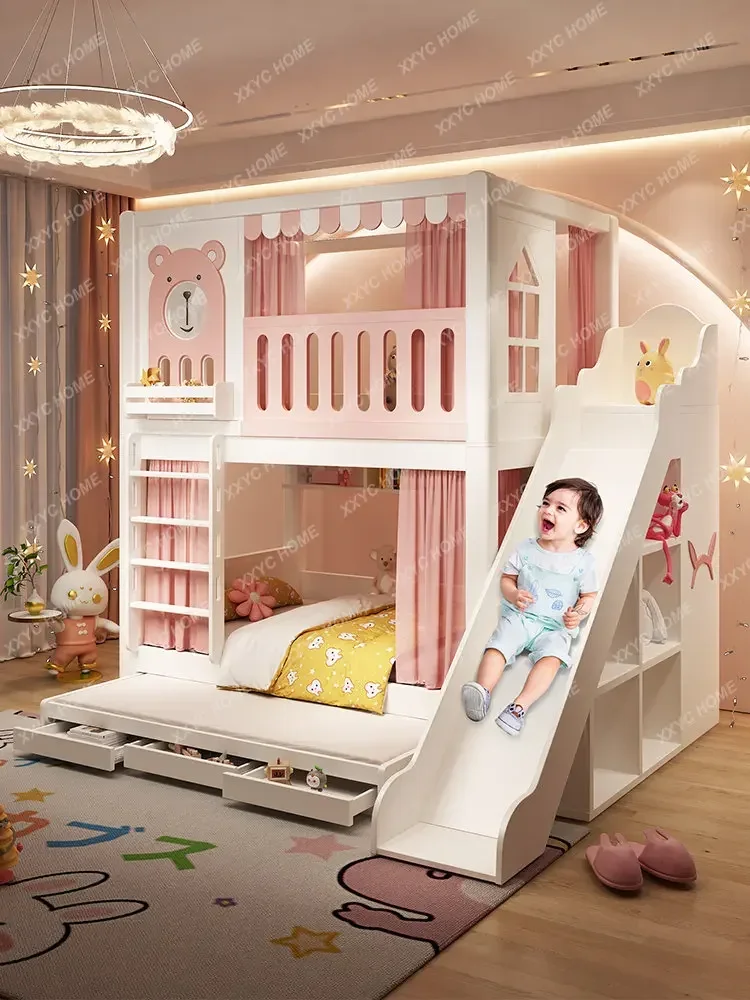 Children\'s High Guardrail Bunk Girl Princess Height-Adjustable Bunk Slide for Kids Wooden Bed