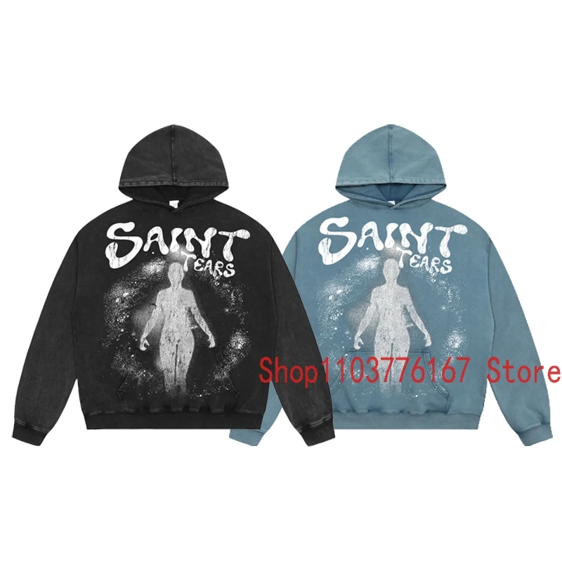 

1:1 high Quality Print Saint Pullover High Street Retro Washed Fabric Hoody Sweatshirts Men Women Loose Casual SAINT Hoodie