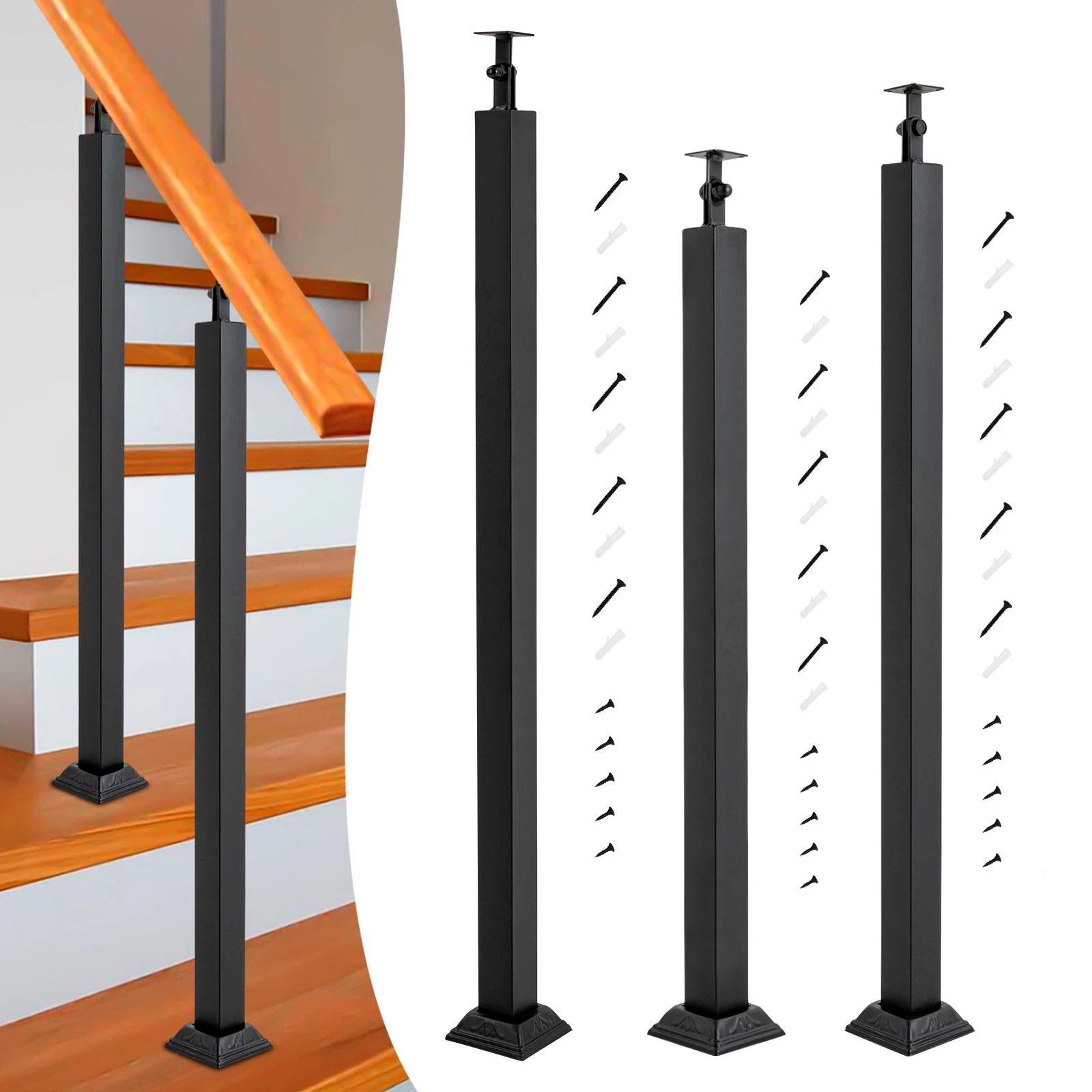 Stair Balusters Post, Black Square Metal Railing Spindles with Flat & Adjustable 270° Angle Bracket, Banister Column