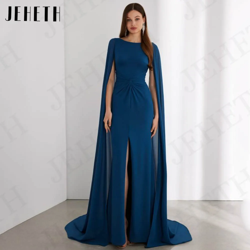 JEHETH Arábia Saudita Chiffon Vestidos de Noite Mulher Elegante Com Mangas Cabo Dividir A Linha Ocasião Especial Vestido robe de soirée Vestidos de