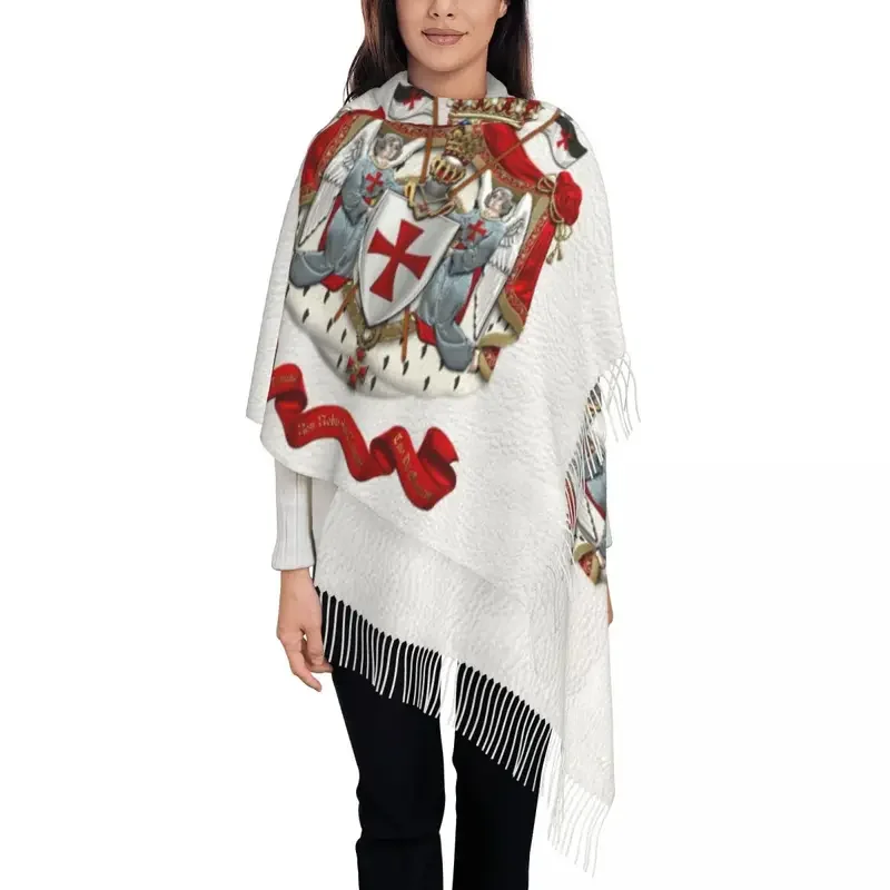 Fashion Coat Of Arms Over White Leather Tassel Scarf Women Winter Fall Warm Shawls Wraps Female Knights Templar Shield Scarves