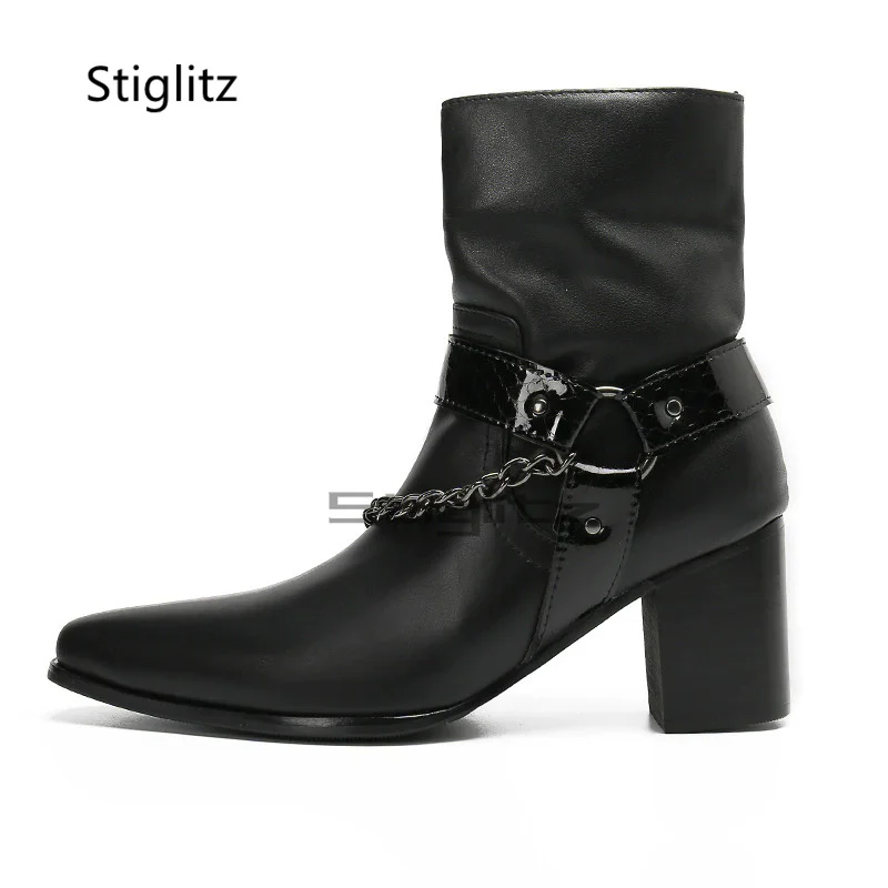 Black Genuine Leather Chains Chelsea Boots Men's High Heels Ankle Boots Circle Buckle Side Zip Handmade Office Dress Shoes
