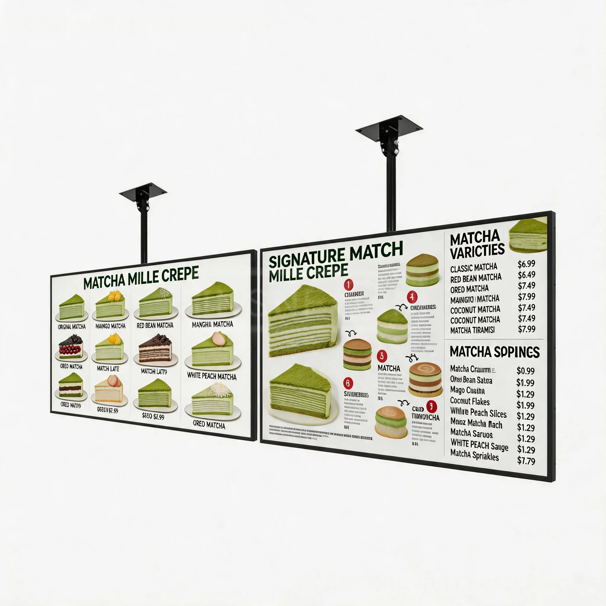 Custom LED Menu Light Box Matcha Mille Crepe, Double Sided Ceiling Suspended Illuminated Sign for Cake Store Food Menu Display