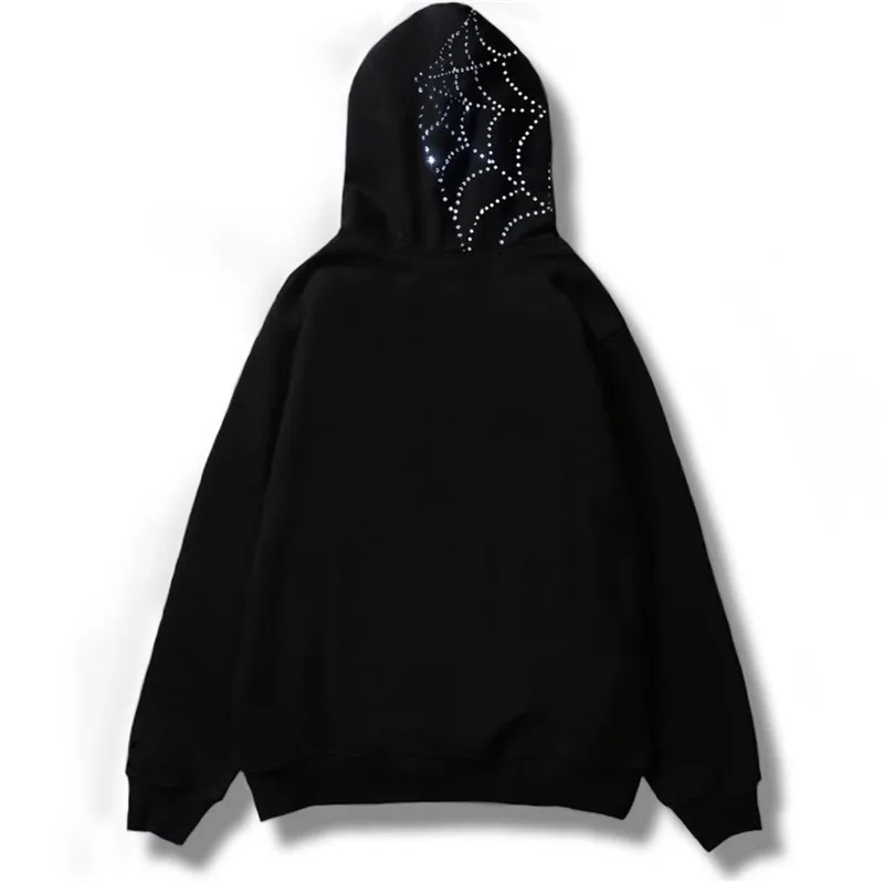 Full Zip Up Hoodies Rhinestone Tooth Spider Web Pattern Oversized Goth Hoodie Men's Harajuku Punk Grunge Sweatshirt Jacket Y2k ﻿