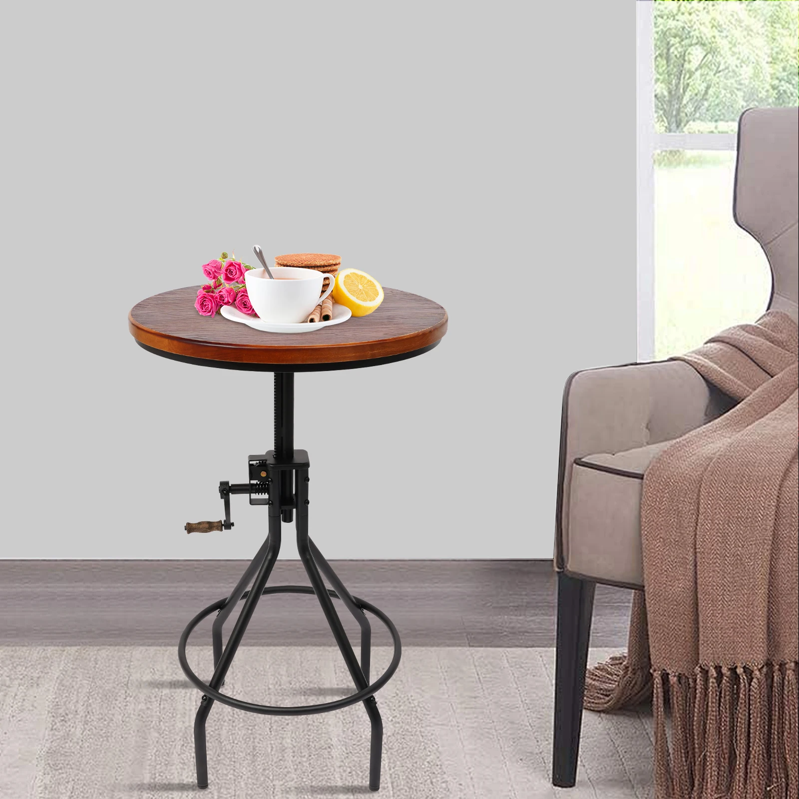 

Черный железный стол-трансформер из массива дерева 60x60x(75-90)см, регулируемый по высоте, в индустриальном стиле, с ручной регулировкой высоты, приставной столик