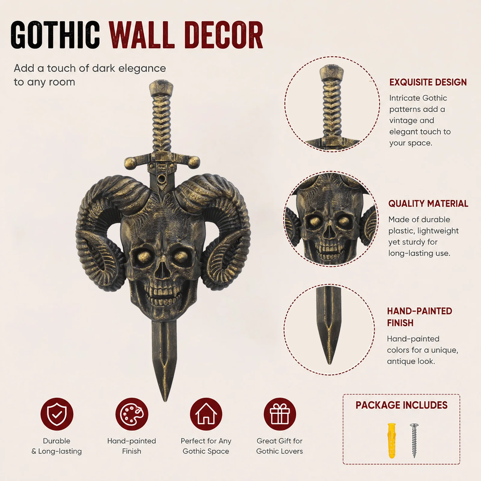 Gothic Ram Skull Sword Wall Decor, Vintage Distressed Wall Relief Dark Style Home Wall Ornament