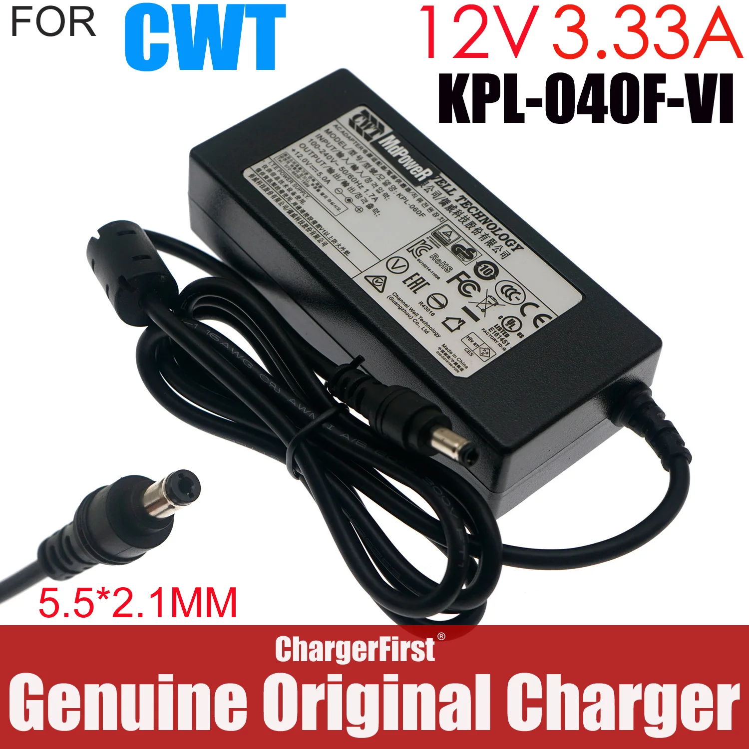 Genuine CWT KPL-040F-VI 12V 3.33A 40W 5.5x2.1mm AC Adapter for Hikvision iDS-7216HQHI-M2S ViewSonic IFP2710 Nixeus NX-VUE24A