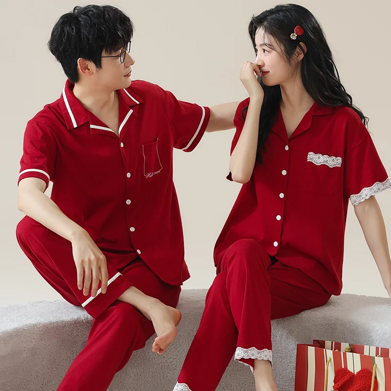 Pajamas Sets Couples Modal Cotton Festive Red Color Fashion Women Short Sleeve Long Pants Sleepwear Suit Summer Home Lounge Gift