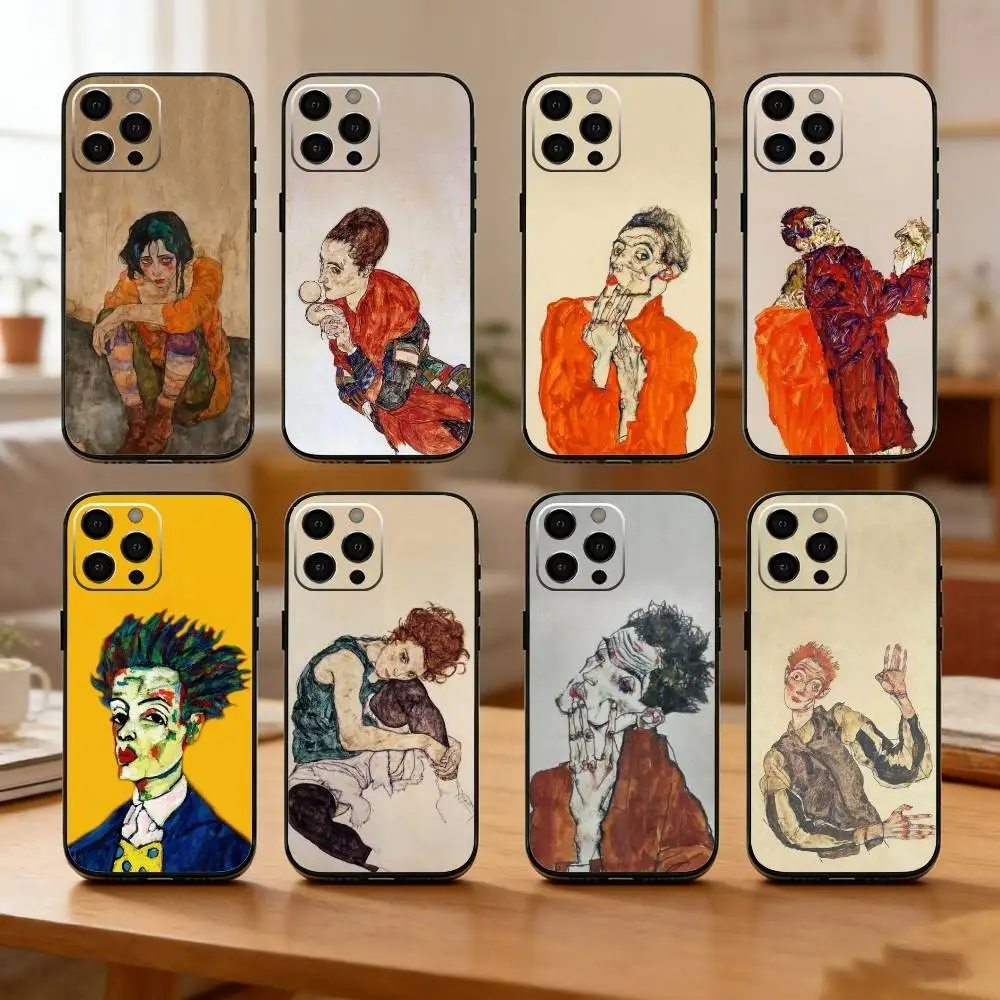 

E-Egon S-Schiele Phone Case For iPhone17,16,15,14,13,12 Plus,Max Soft Silicone Black Cover