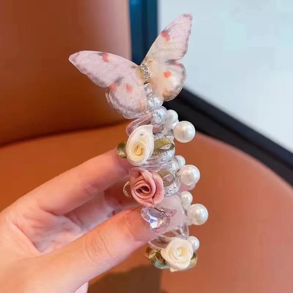 

Flower Spiral Hair Ties Soft Elastic No Damage Twisted Hair Wire Pearl Braided Telephone Elastic Spiral Hairs Ties for Women