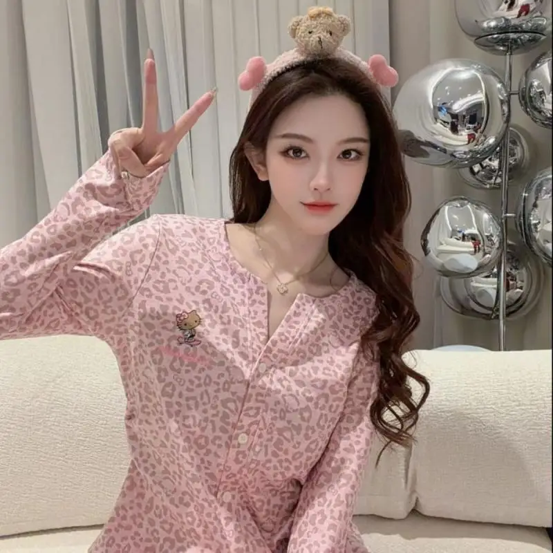 Pajamas Hello Kittys with Chest Mat for Spring Autumn Women New Modal Cartoon Sweet Leopard Pattern Home Clothes Set Cute Gift