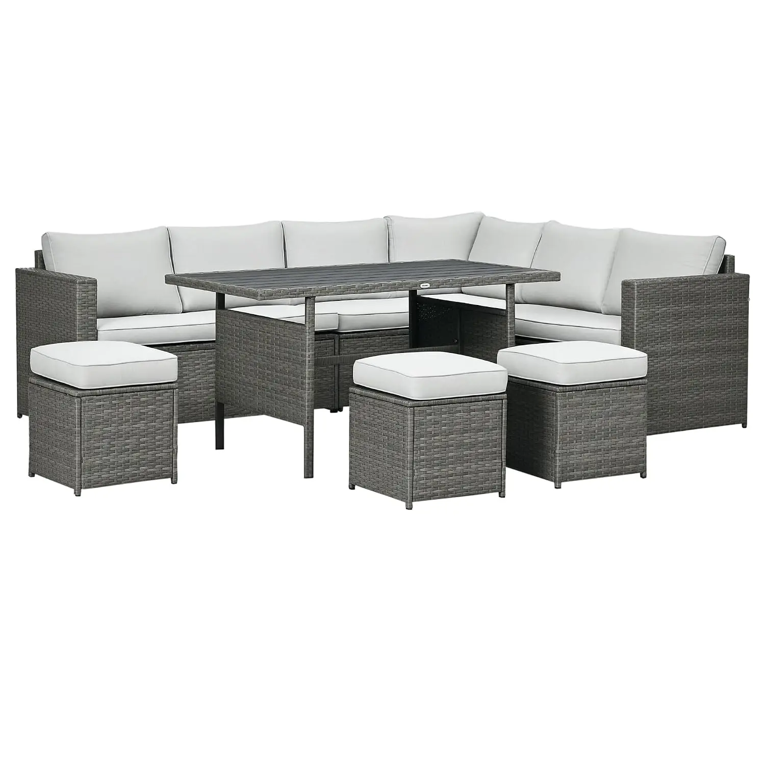 L-Shaped Rattan Outdoor Patio Furniture Set With Sofa, Ottoman, Dining Table, Cushions & Storage, Mixed Gray, Customized