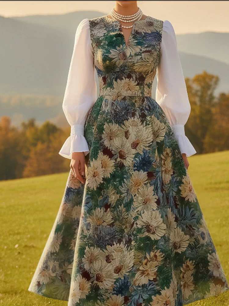 

Элегантное женское банкетное платье с цветными блоками, темпераментное плиссированное платье макси с высокой талией, винтажное повседневное платье с v-образным вырезом и цветочным принтом