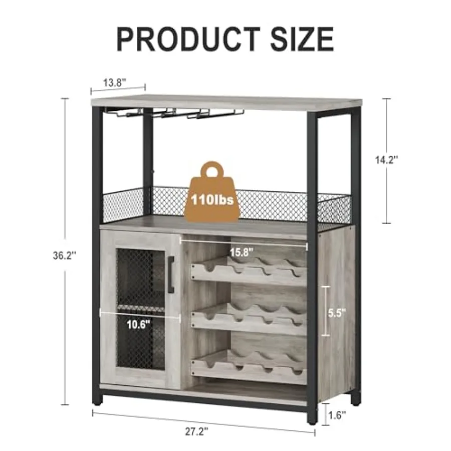 3 Tier Wine Bar Cabinet with LED Lights, Adjustable Storage, Liquor Rack, Glass Holder, Mesh Door, Multi Functional Coffee Bar
