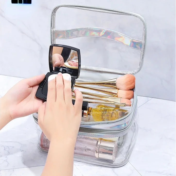 Transparente Kosmetiktasche für Damen, Netzkjolendesign, große Kapazität, Reise-Waschtasche für Mädchen, tragbar, wasserdicht, Aufbewahrungstasche – Detail 11