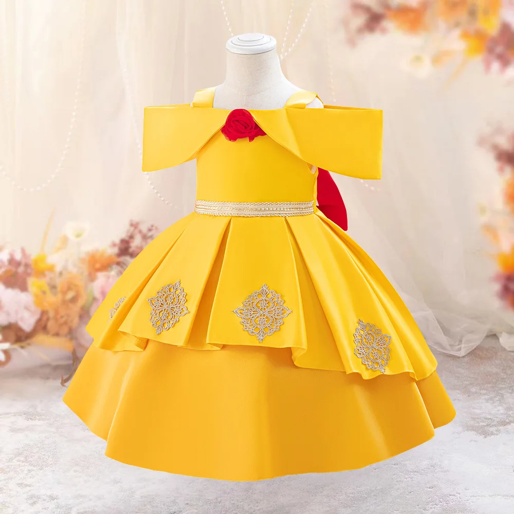 Toddler Baby Girls Princess Belle Dress Elegant Satin Party Infants Gown Halloween Cosplay Birthday Party Christmas Kids Clothes
