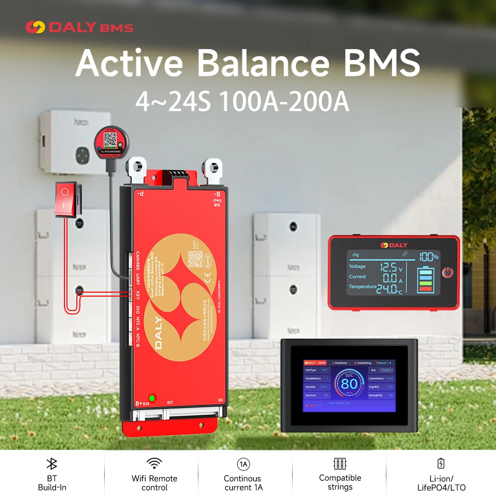 Daly Smart 4S/12V/8S/24V/16S 48V 40A-500A LiFePo4 Active Balance BMS for Lithium Battery with LCD/RS485/UART/BT/WIFI
