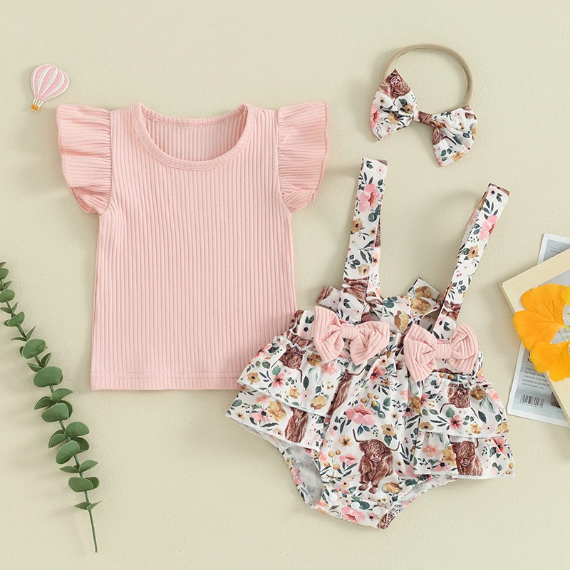 Western Baby Girl Clothes Solid Ribbed Shirt Ruffle Sleeveless Top Floral Overalls Shorts Cow Print Suspender Romper