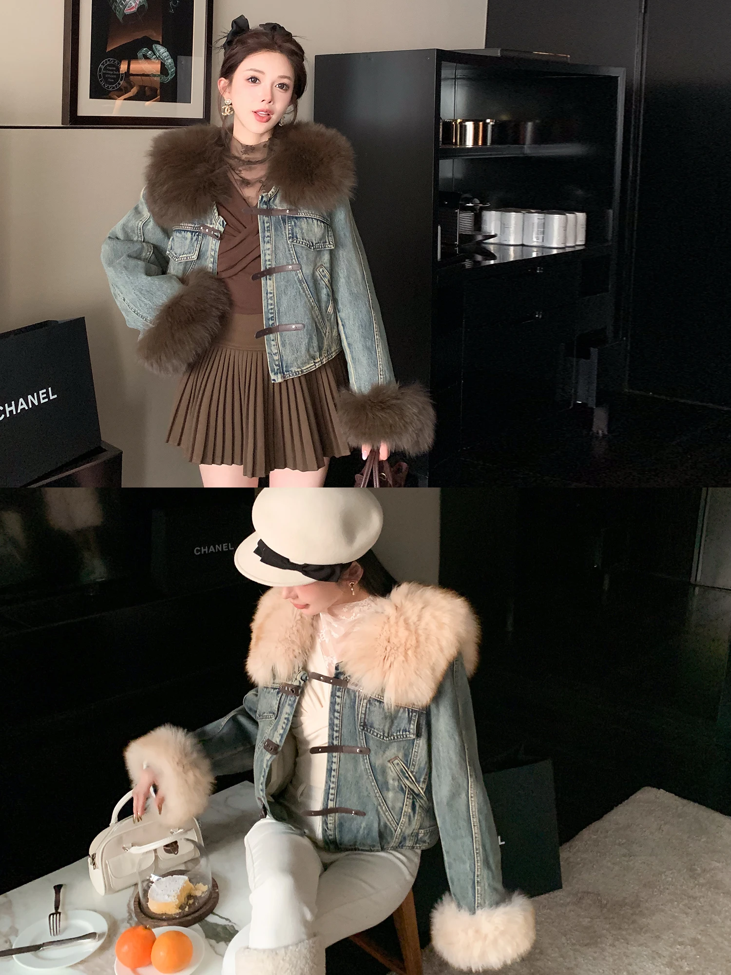 

LadiesFirst Luxury Fur Collar Plu Sve Denim Jaet Women's Autumn Winter Vintage Sle Warm down Coat Faionable Slim Fit