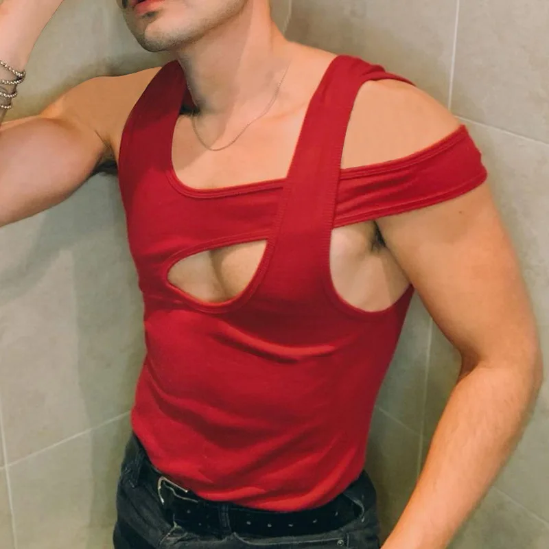Hollow Sleeveless Bottoming Shirt Spring And Summer Sexy New Men's Clothing Personalized Off-the-shoulder Vest