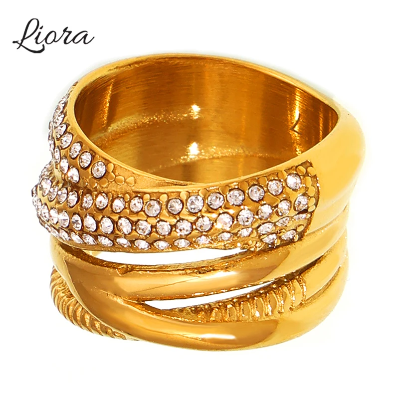 Liora Trendy Multi-Layer Cross Rings For Women 316L Stainless Steel Rhinestone Women Charm Rings Waterproof Fashion Jewelry