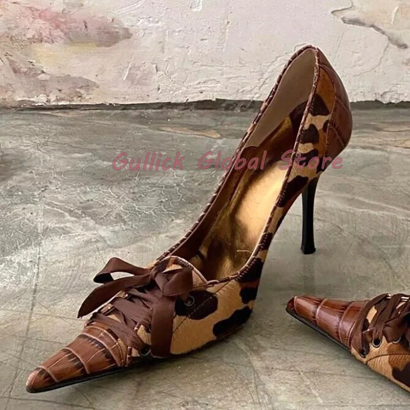 2024 New Arrival Pointed Toe Shallow Lace Decoration Leopard Stiletto Pumps Summer Dress Career Sexy Comfortable Women Shoes