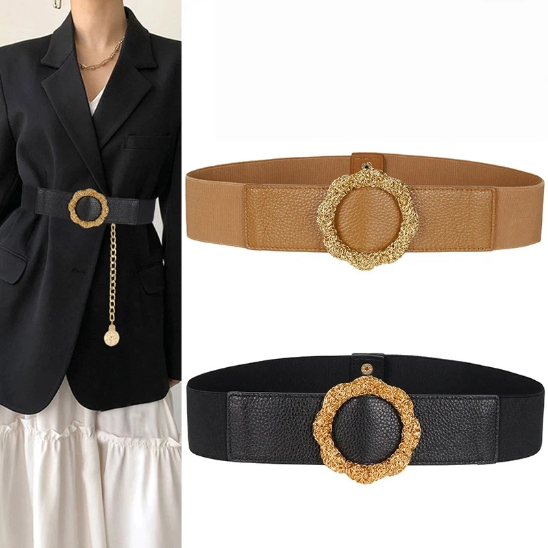 Ladies' Genuine Leather Wide Waistband Women Circular Decorative Dress Elastic Waistband Shirt Cinched Waist Versatile Suit Belt