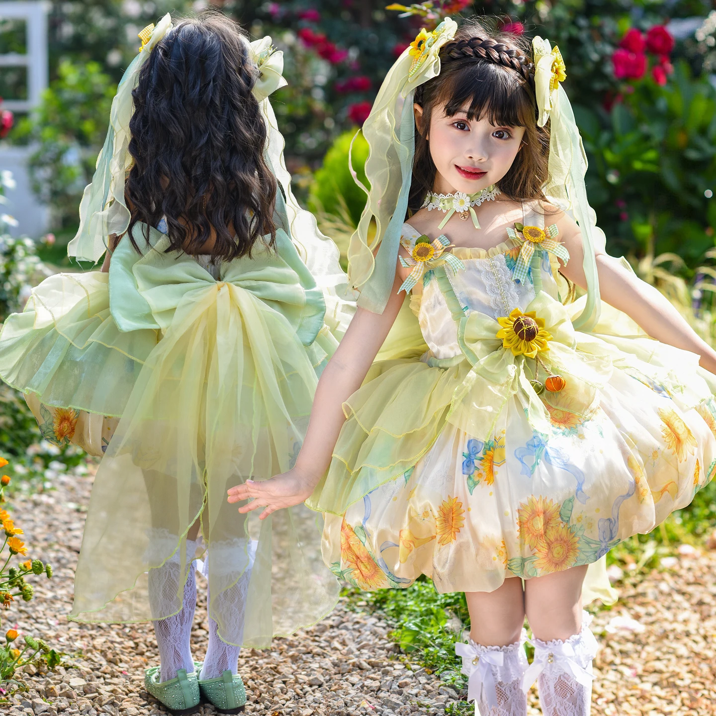 Princess Lolita Sunflower Bud Dress for Girls 3-12Years New Summer Kids Fashion Birthday Party Outfit Baby Photo Shoot Costumes