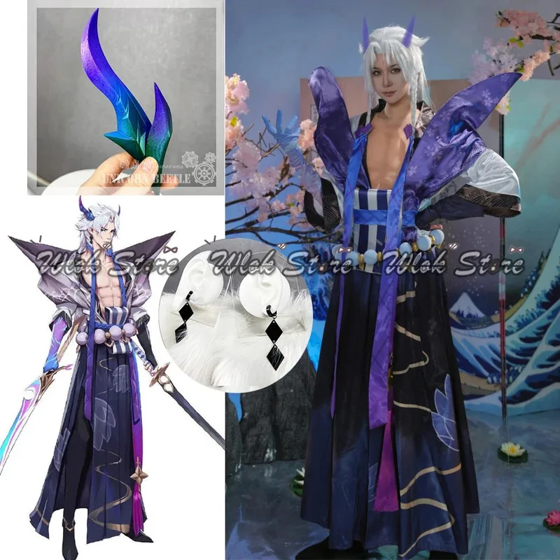 

Game LOL Spirit Blossom Yone Cosplay Costume Wig Earrings Horns Headwear Men Halloween Party Carnival Roleplay Outfit High Boots