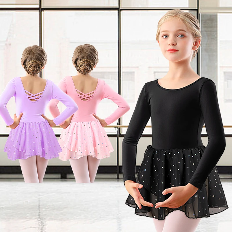 

Girls Ballet Leotards for Dance Long Sleeves Dress Kids Shiny Dance Skirt for Stage Performance Hollow Crisscross Back