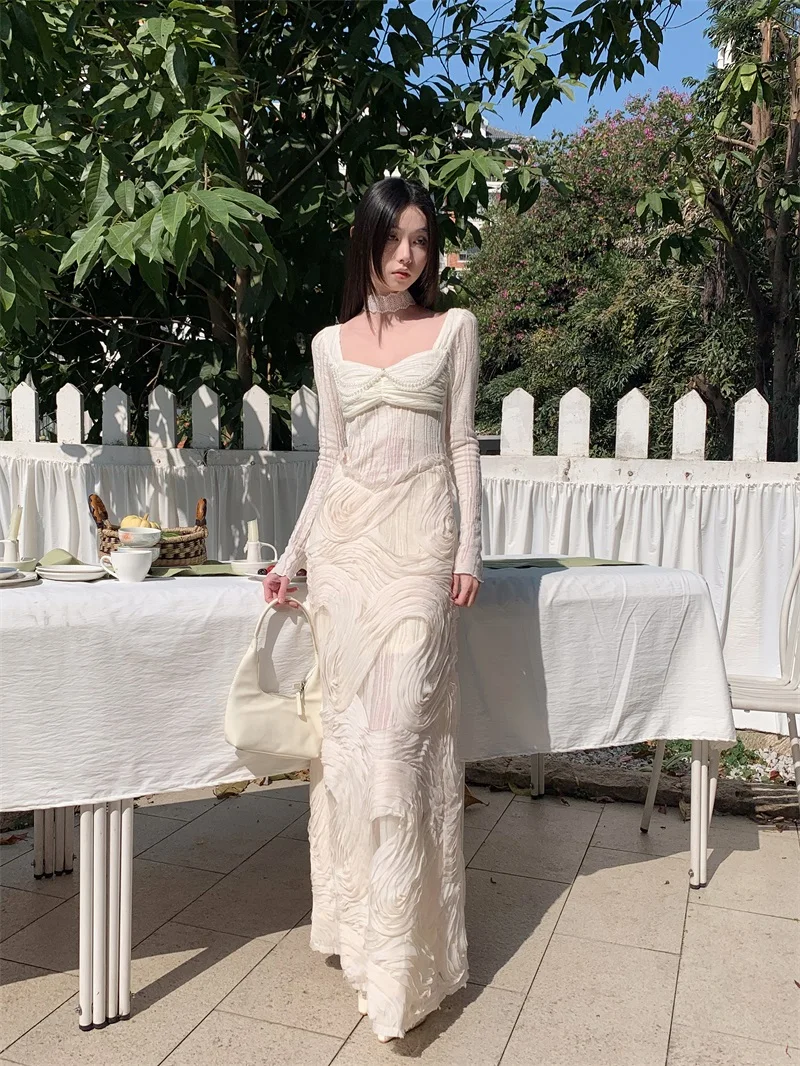 CHEERART French Style White Long Dress Party Evening Elegant Luxury Celebrity Long Sleeve A Line Midi Dress Autumn Fall Clothes