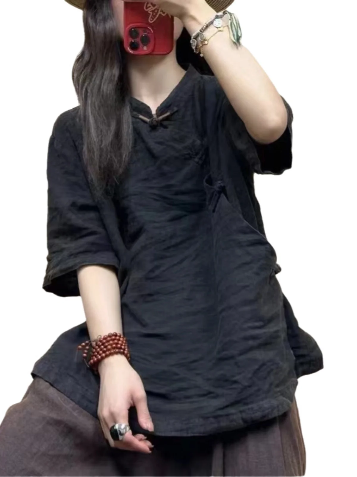 레트로 중국풍 여성용 면 린넨 여름 얇은 셔츠 버튼업 루즈핏 스탠드 칼라 단색 차 의상