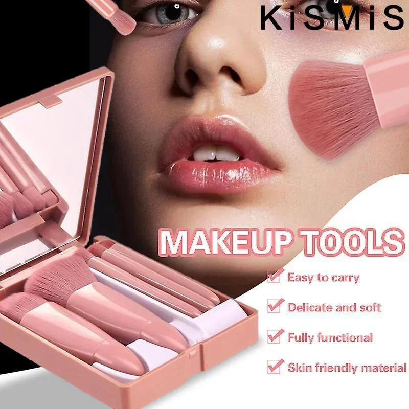 Kismis 5 Pcs Mini Reis Make-Up Borstel Set Met Spiegel Voor Oogschaduw, Foundation, Poeder, Wimper, Lip & Concealer