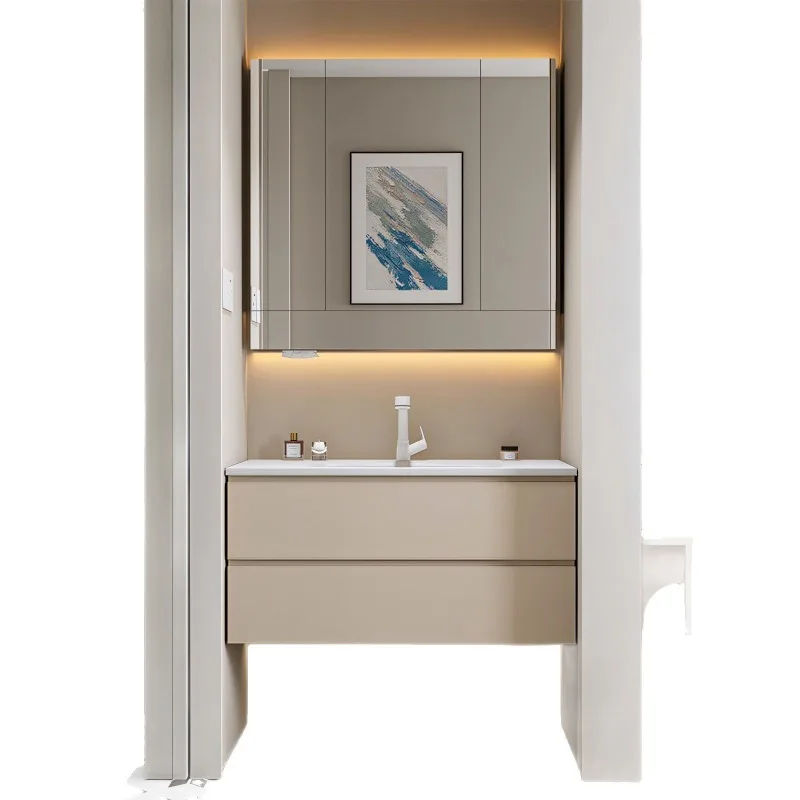 

Integrated basin small apartment simple wind walnut rubber wood beauty mirror cabinet bathroom