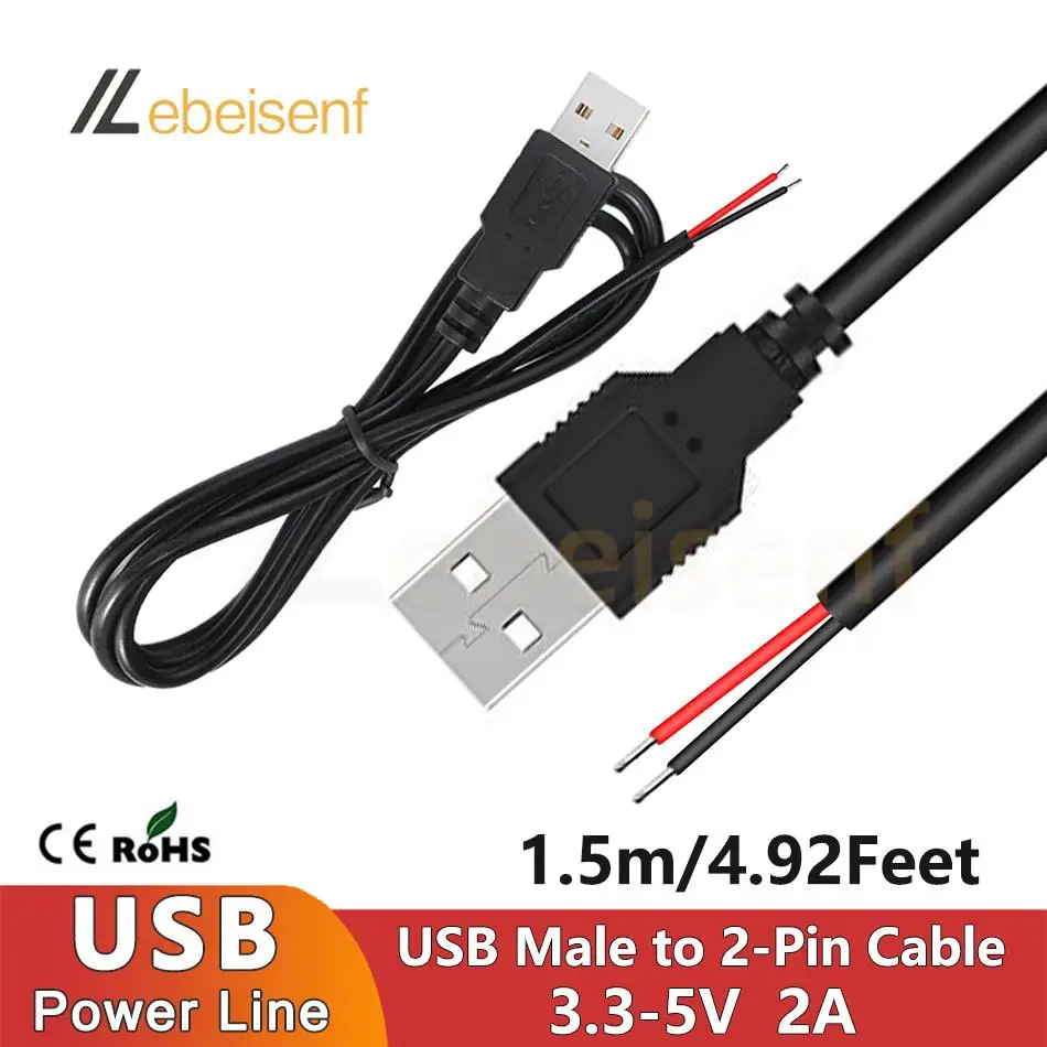 1.5m 5V 2A USB Power Cable Charging Line Male to 2-Pin Welding Wire Stripped Gauge 22 20 AWG 2464 Black PVC USB2.0 2-Core Wire