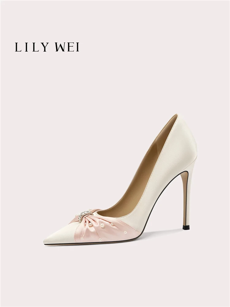 Zapatos de Tacón Alto para Mujer, con Punta en Pico, Superficie de Seda, Adornados con Pedrería y Perlas, Planos, para Banquete, Tallas Grandes y Pequeñas, Versión Ancha