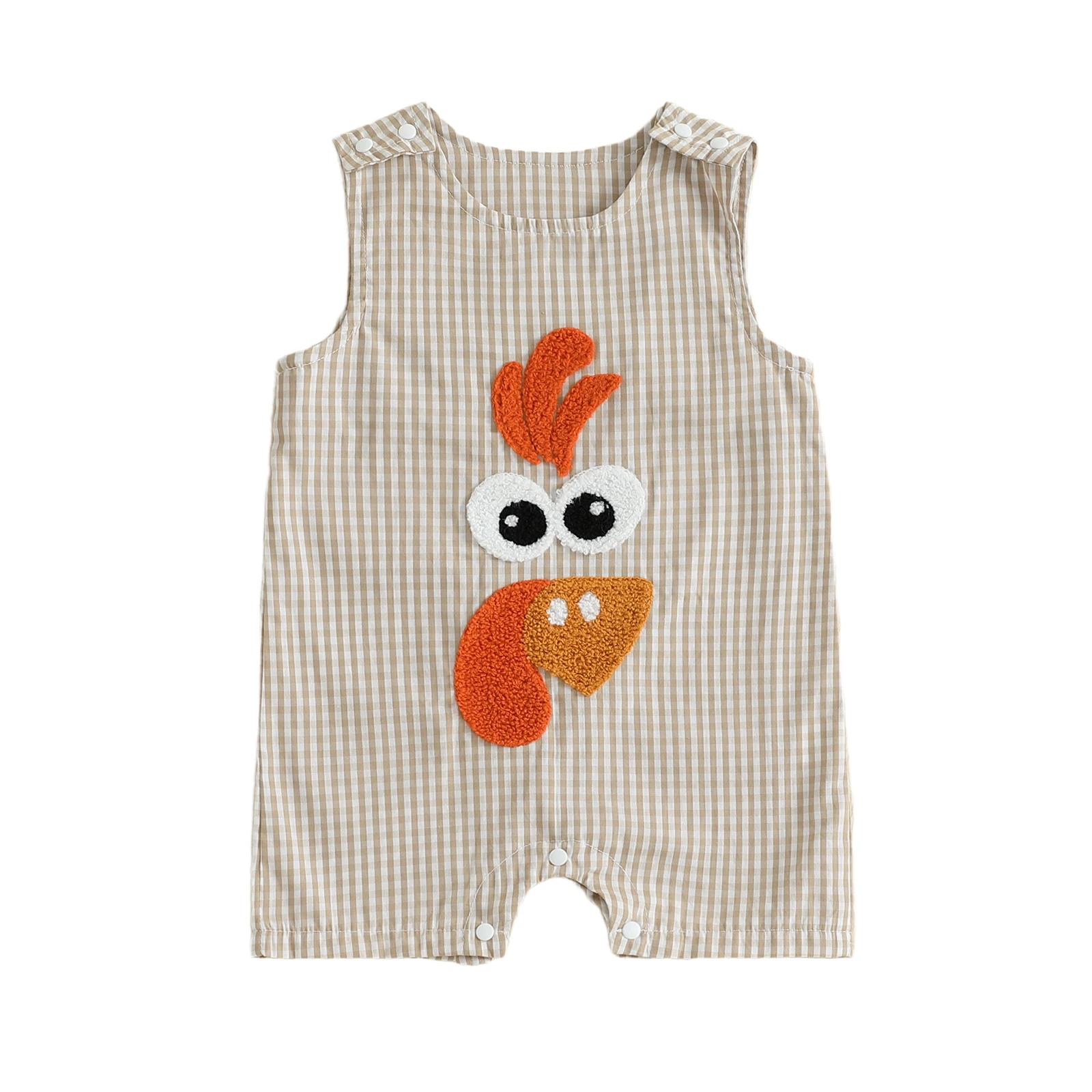 

Infant Boys Thanksgiving Turkey Embroidered Sleeveless Rompers with Button Closure - Festive Bodysuits and Jumpsuits for Baby