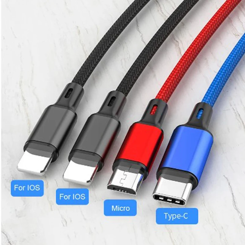 Mini 1.2m 4 In 1 Micro USB Type C Fast Charging Cable For iPhone 15 14 Pro Max 3A Quick Charge Phone Data Cord For Xiaomi Huawei