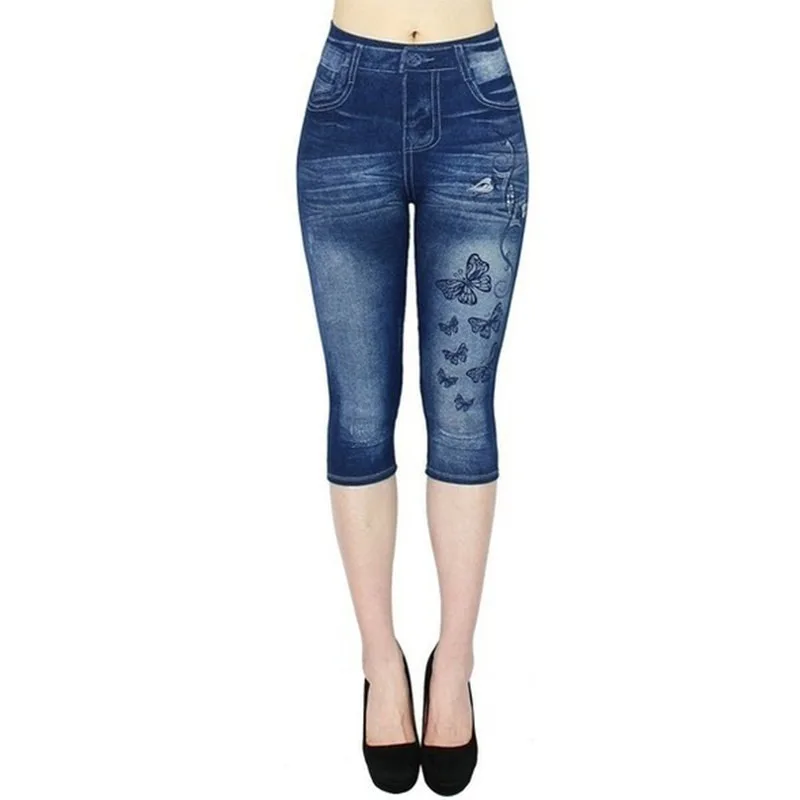 Women Print Imitation Denim Leggings Skinny Stretchy Cropped Pants Outdoor Jogging Walking Fashion High Waist Leggings