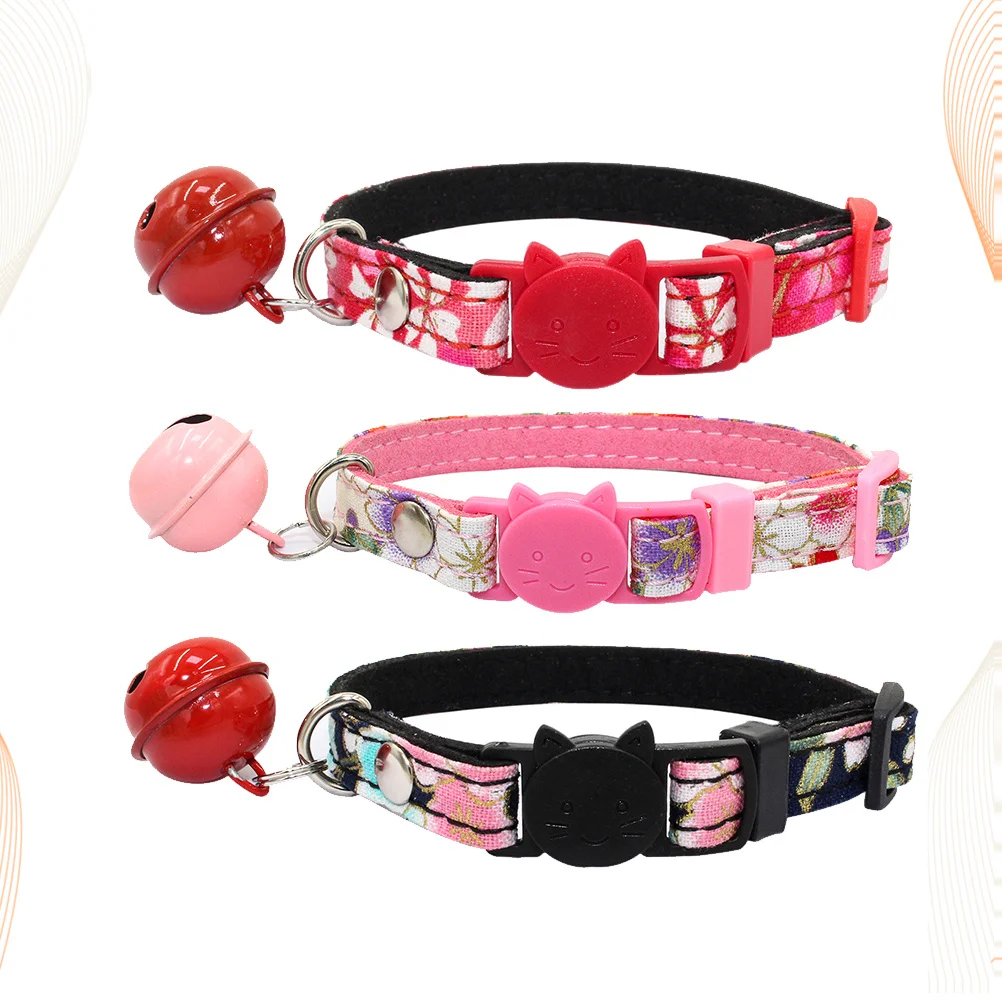 

3 pcs Japanese Style Pet Collar S Red Flower Print Cat Head Safety Buckle Adjustable For Dog Cat Printed Collar For