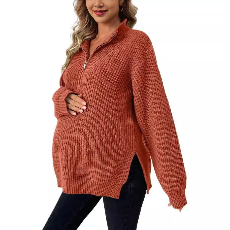 Maternity Clothings Sweaters Brick Red Knitted Temperament Commuting Sweater Maternity Loose Type Sweater Maternity Wear Clothes