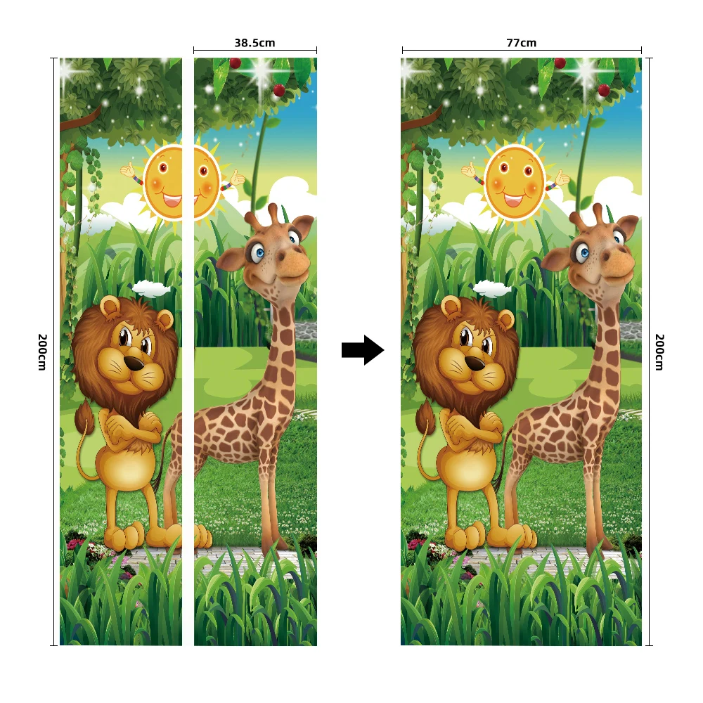 Cartoon Children Door Sticker For Kids Boys Girls Room Bedroom 3d Wallpaper Self-adhesive Jungle Lion Giraffe Decoration Poster