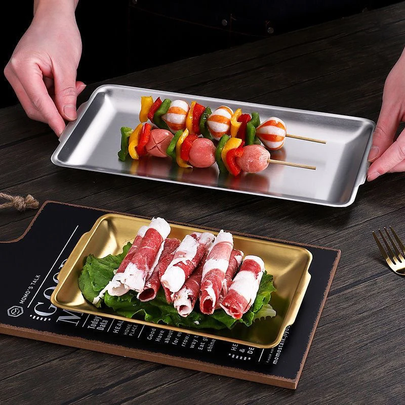 304 Stainless Steel Plate Rectangular Plate Golden Tray Craft Decoration Barbecue Plate Western Food Snack Plate Flat Plate