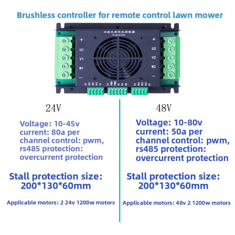 Dual-Channel Brushless Motor Controller for RC Tracked Vehicle, Lawn Mower & Tank – 1KW/2KW, 15-80V, PWM/CAN/RS485 - view 5