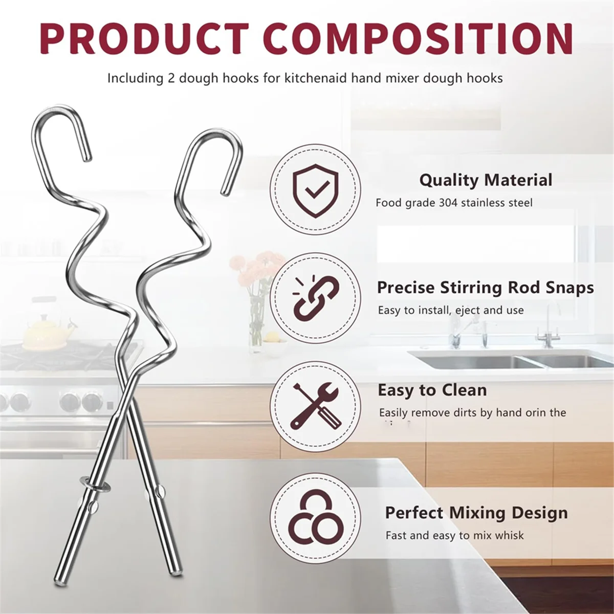 Gancho de massa FZFZ para substituição de misturador manual para ganchos de massa de misturador manual KHM512, ganchos de massa de aço inoxidável