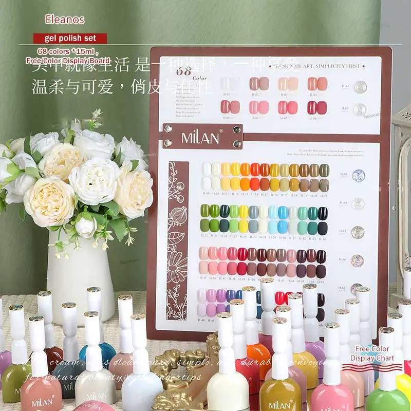 Eleanuos 68 pièces Kit de vernis à ongles Gel avec carte d'affichage couleur 15ml diamant cassé paillettes Gel Salon de manucure tremper Gel UV ensemble entier