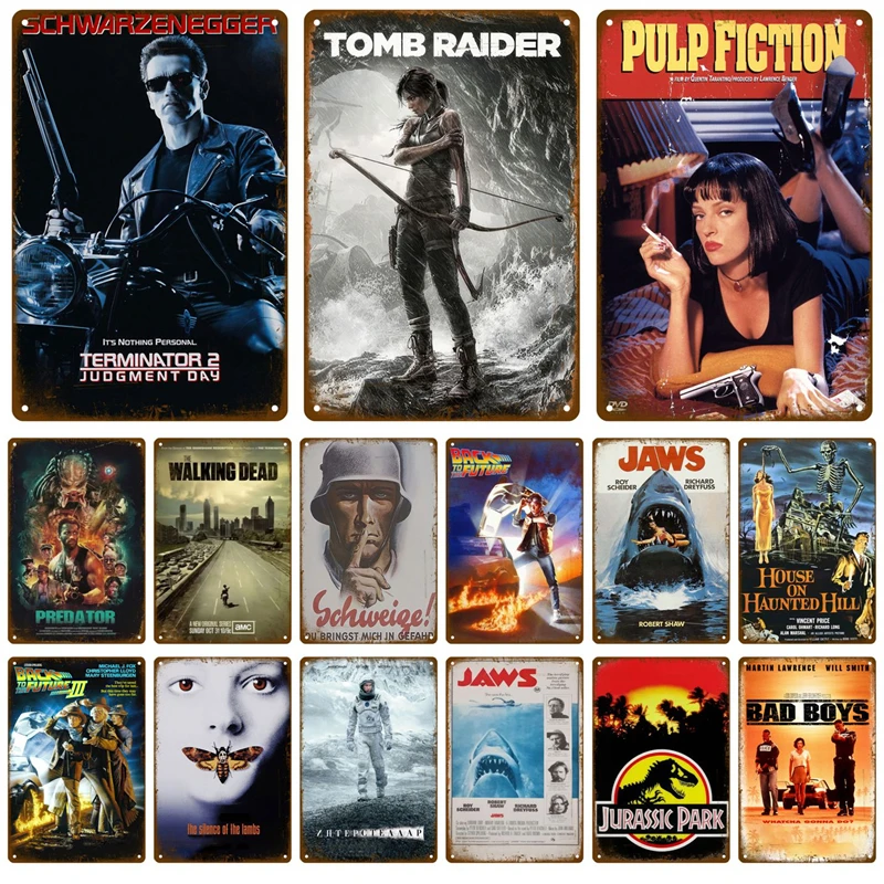 Letrero Metálico HD Vintage, Decoración de Pared con Películas Clásicas - Letrero Metálico Retro de Terminator, Pulp Fiction, Jaws, Jurassic Park, Póster de Película