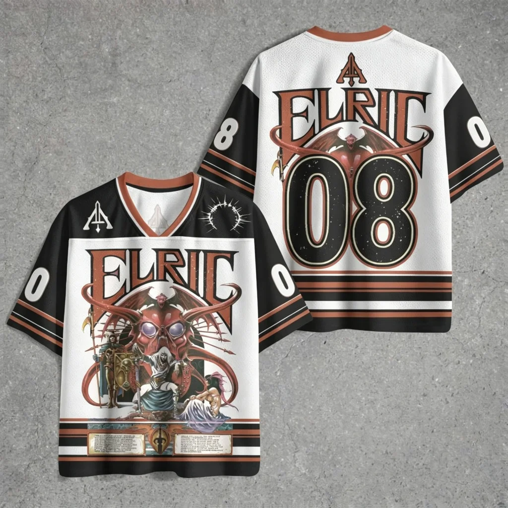 Vintage Dark Fantasy Elric Demon Knight Print V Neck Hockey Jersey Unisex Short Sleeve Breathable Mesh Street Athletic Top